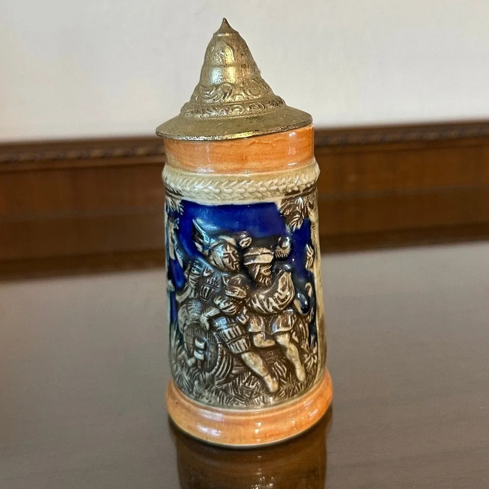 Vintage Miniature German Style Beer Stein Japan Cobalt Blue Relief Metal Lid 6